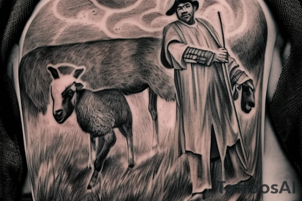 the design e shows a black and white drawing of a shepherd with a sheep. The shepherd is a man wearing a long robe and a hat. He is holding a staff in one hand and leading a sheep with the other. The sheep is a white animal with brown spots. It is following the shepherd closely. There is no background in the tattoo. tattoo idea