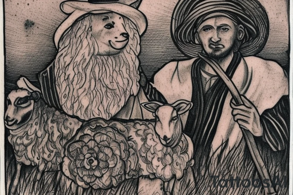 the design e shows a black and white drawing of a shepherd with a sheep. The shepherd is a man wearing a long robe and a hat. He is holding a staff in one hand and leading a sheep with the other. The sheep is a white animal with brown spots. It is following the shepherd closely. There is no background in the tattoo. tattoo idea