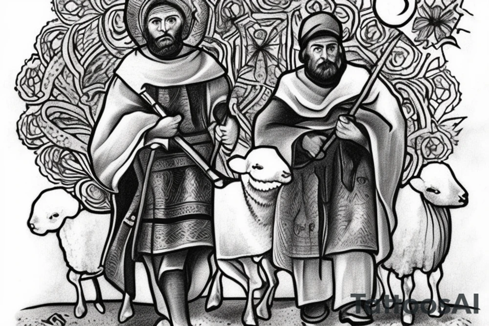 the design e shows a black and white drawing of a shepherd with a sheep. The shepherd is a man wearing a long robe and a hat. He is holding a staff in one hand and leading a sheep with the other. The sheep is a white animal with brown spots. It is following the shepherd closely. There is no background in the tattoo. tattoo idea