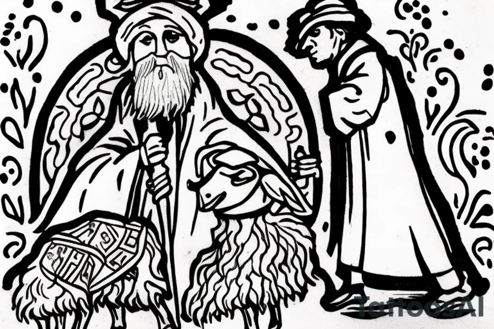 the design e shows a black and white drawing of a shepherd with a sheep. The shepherd is a man wearing a long robe and a hat. He is holding a staff in one hand and leading a sheep with the other. The sheep is a white animal with brown spots. It is following the shepherd closely. There is no background in the tattoo. tattoo idea