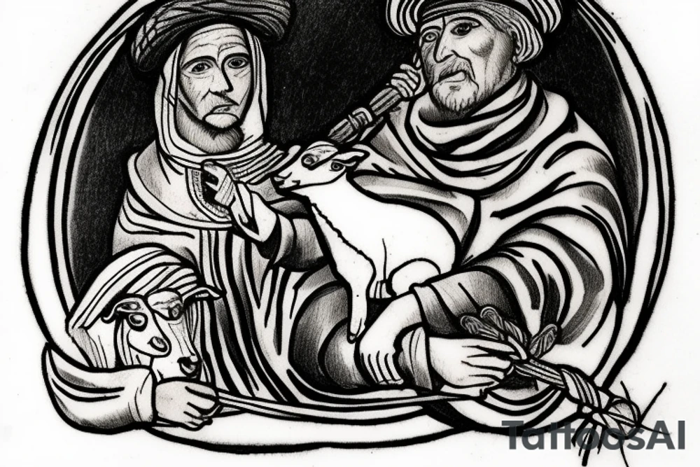 the design e shows a black and white drawing of a shepherd with a sheep. The shepherd is a man wearing a long robe and a hat. He is holding a staff in one hand and leading a sheep with the other. The sheep is a white animal with brown spots. It is following the shepherd closely. There is no background in the tattoo. tattoo idea