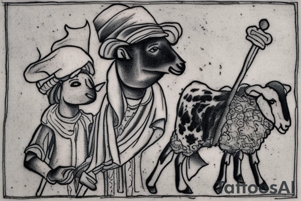 the design e shows a black and white drawing of a shepherd with a sheep. The shepherd is a man wearing a long robe and a hat. He is holding a staff in one hand and leading a sheep with the other. The sheep is a white animal with brown spots. It is following the shepherd closely. There is no background in the tattoo. tattoo idea