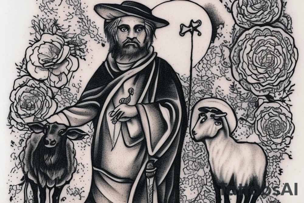 the design e shows a black and white drawing of a shepherd with a sheep. The shepherd is a man wearing a long robe and a hat. He is holding a staff in one hand and leading a sheep with the other. The sheep is a white animal with brown spots. It is following the shepherd closely. There is no background in the tattoo. tattoo idea