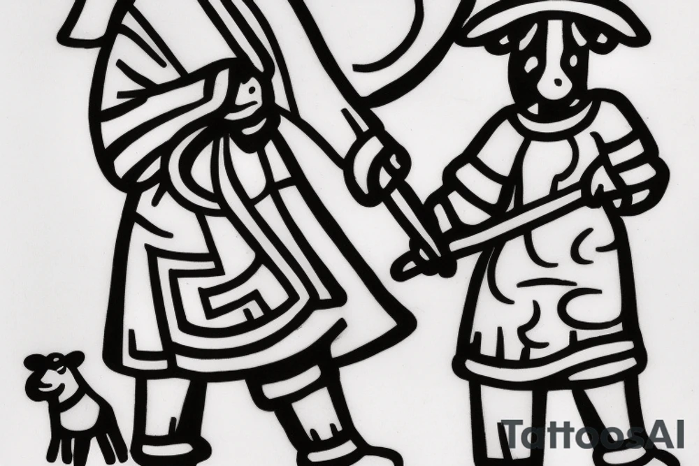 the design e shows a black and white drawing of a shepherd with a sheep. The shepherd is a man wearing a long robe and a hat. He is holding a staff in one hand and leading a sheep with the other. The sheep is a white animal with brown spots. It is following the shepherd closely. There is no background in the tattoo. tattoo idea