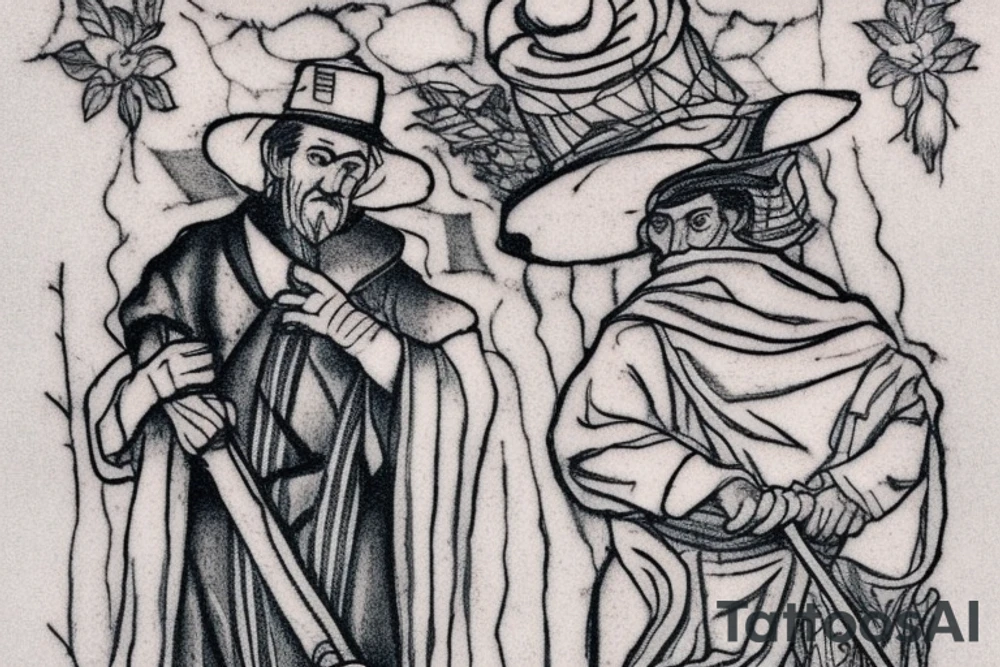 the design e shows a black and white drawing of a shepherd with a sheep. The shepherd is a man wearing a long robe and a hat. He is holding a staff in one hand and leading a sheep with the other. The sheep is a white animal with brown spots. It is following the shepherd closely. There is no background in the tattoo. tattoo idea