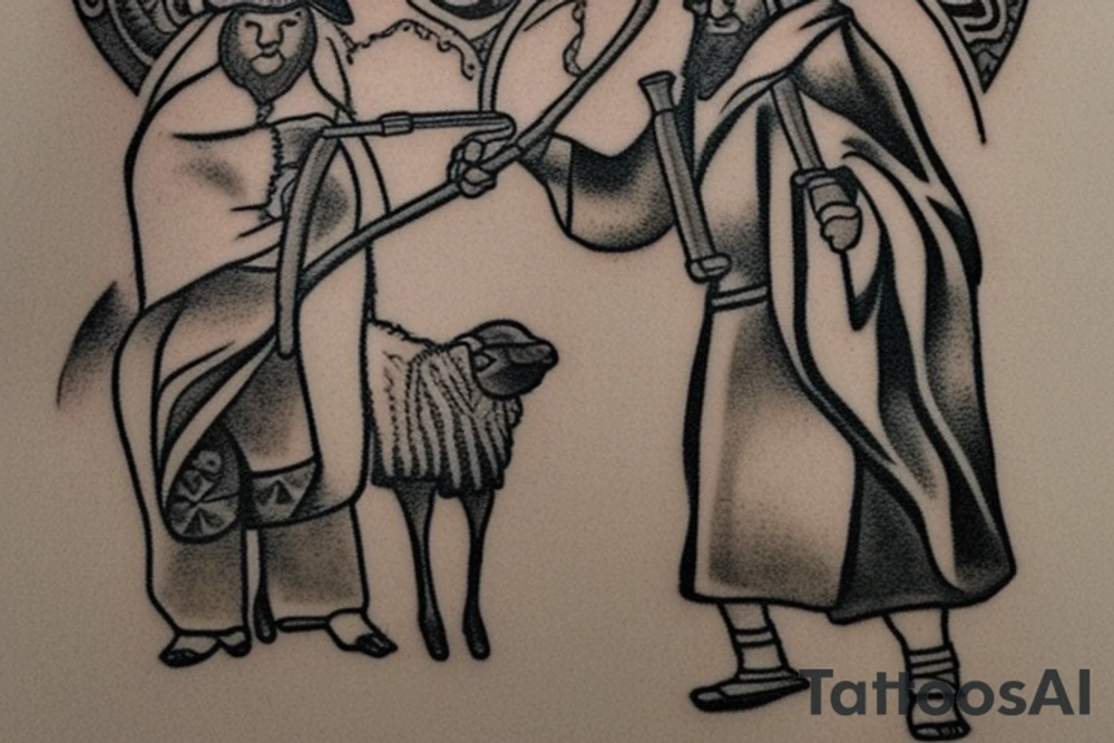 the design e shows a black and white drawing of a shepherd with a sheep. The shepherd is a man wearing a long robe and a hat. He is holding a staff in one hand and leading a sheep with the other. The sheep is a white animal with brown spots. It is following the shepherd closely. There is no background in the tattoo. tattoo idea