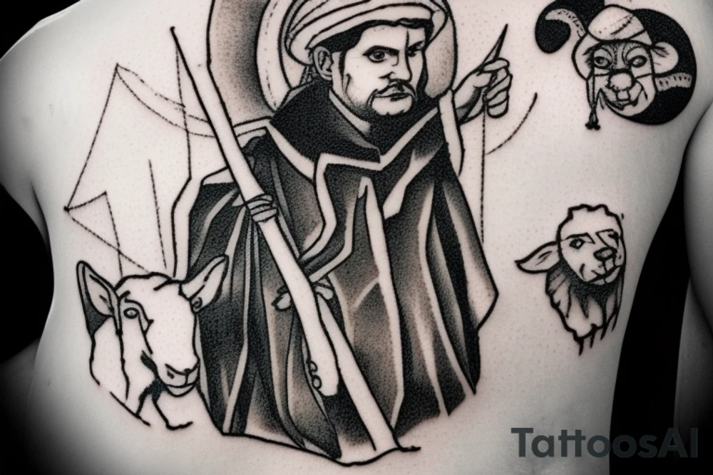 the design e shows a black and white drawing of a shepherd with a sheep. The shepherd is a man wearing a long robe and a hat. He is holding a staff in one hand and leading a sheep with the other. The sheep is a white animal with brown spots. It is following the shepherd closely. There is no background in the tattoo. tattoo idea