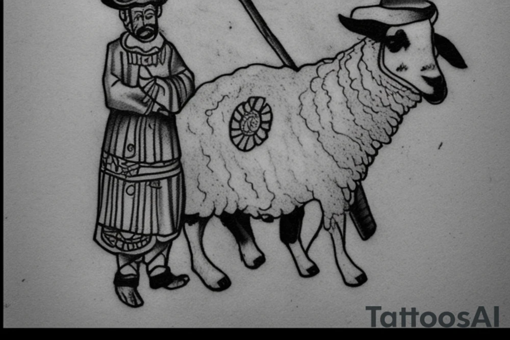 the design e shows a black and white drawing of a shepherd with a sheep. The shepherd is a man wearing a long robe and a hat. He is holding a staff in one hand and leading a sheep with the other. The sheep is a white animal with brown spots. It is following the shepherd closely. There is no background in the tattoo. tattoo idea