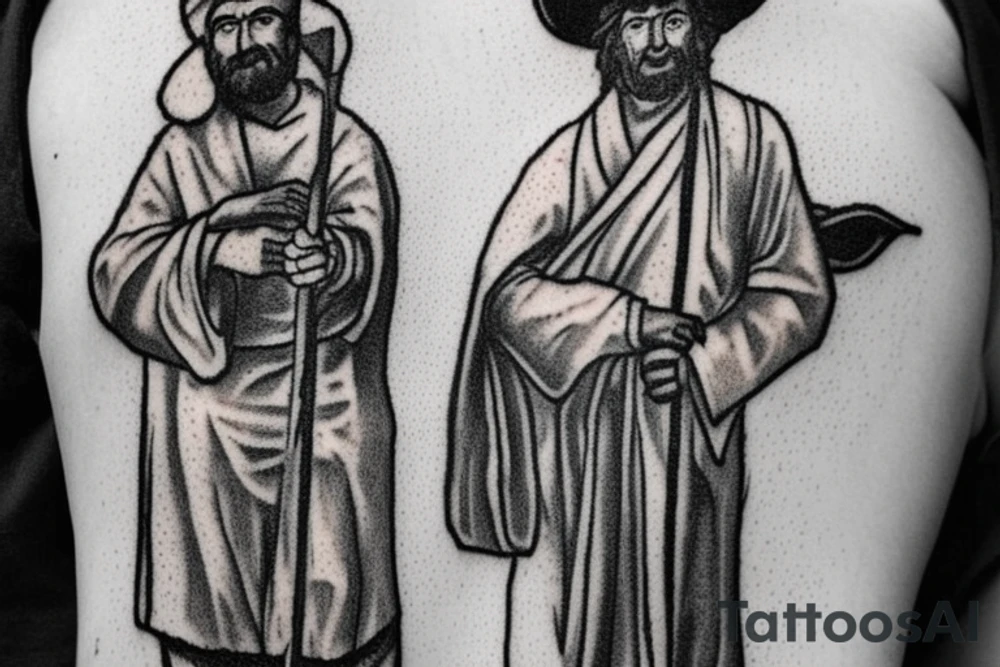 the design e shows a black and white drawing of a shepherd with a sheep. The shepherd is a man wearing a long robe and a hat. He is holding a staff in one hand and leading a sheep with the other. The sheep is a white animal with brown spots. It is following the shepherd closely. There is no background in the tattoo. tattoo idea