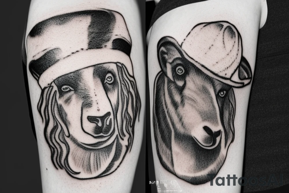 the design e shows a black and white drawing of a shepherd with a sheep. The shepherd is a man wearing a long robe and a hat. He is holding a staff in one hand and leading a sheep with the other. The sheep is a white animal with brown spots. It is following the shepherd closely. There is no background in the tattoo. tattoo idea