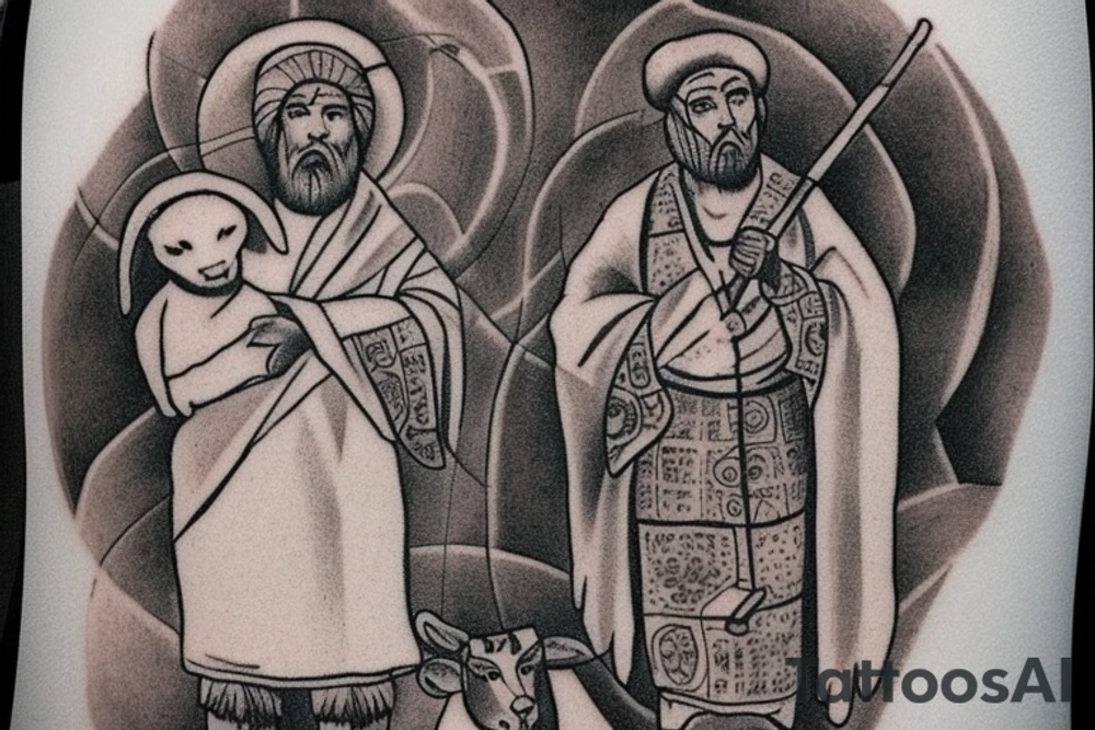 the design e shows a black and white drawing of a shepherd with a sheep. The shepherd is a man wearing a long robe and a hat. He is holding a staff in one hand and leading a sheep with the other. The sheep is a white animal with brown spots. It is following the shepherd closely. There is no background in the tattoo. tattoo idea