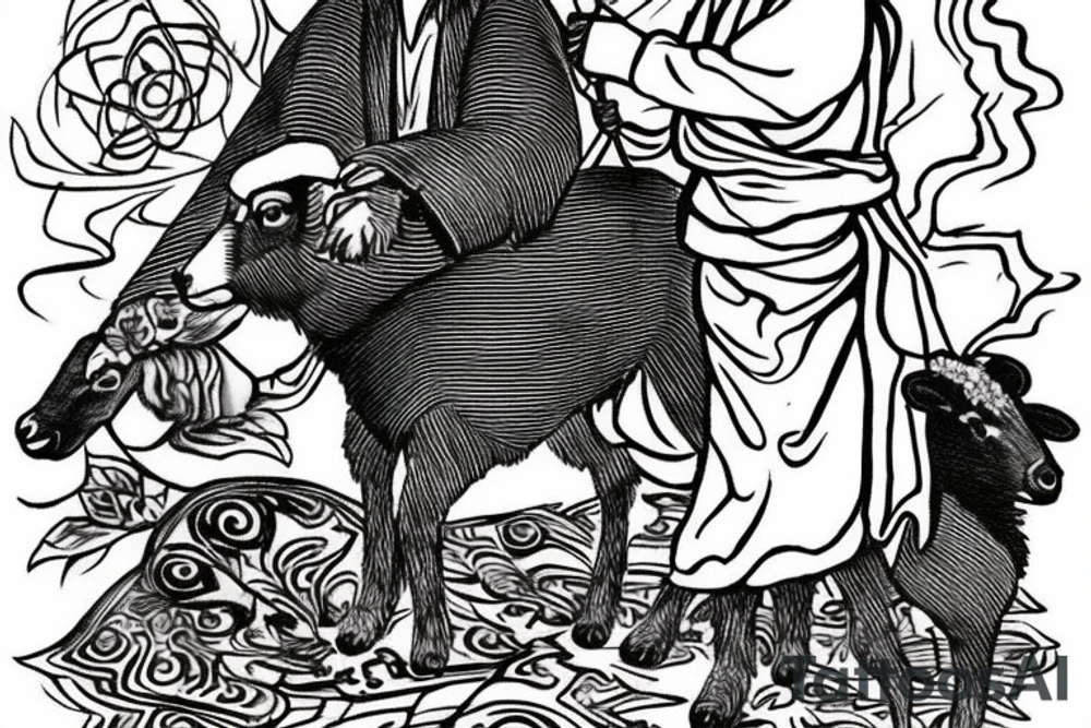 the design e shows a black and white drawing of a shepherd with a sheep. The shepherd is a man wearing a long robe and a hat. He is holding a staff in one hand and leading a sheep with the other. The sheep is a white animal with brown spots. It is following the shepherd closely. There is no background in the tattoo. tattoo idea