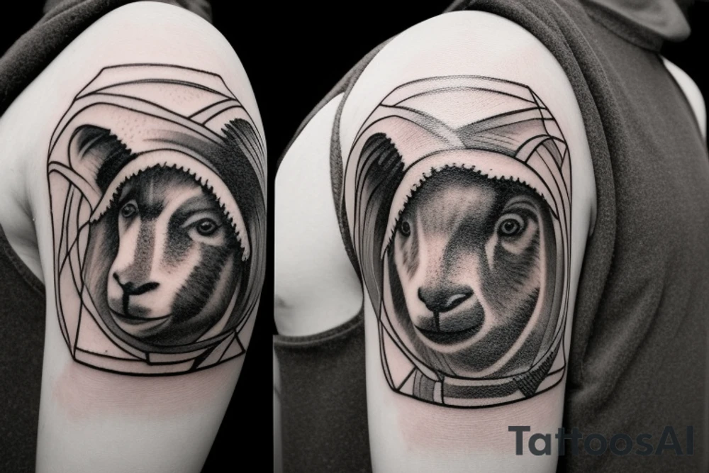 the design e shows a black and white drawing of a shepherd with a sheep. The shepherd is a man wearing a long robe and a hat. He is holding a staff in one hand and leading a sheep with the other. The sheep is a white animal with brown spots. It is following the shepherd closely. There is no background in the tattoo. tattoo idea