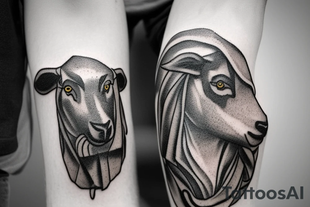 the design e shows a black and white drawing of a shepherd with a sheep. The shepherd is a man wearing a long robe and a hat. He is holding a staff in one hand and leading a sheep with the other. The sheep is a white animal with brown spots. It is following the shepherd closely. There is no background in the tattoo. tattoo idea
