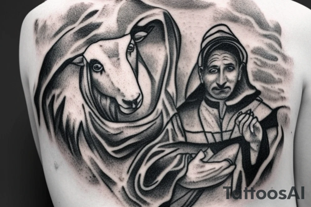the design e shows a black and white drawing of a shepherd with a sheep. The shepherd is a man wearing a long robe and a hat. He is holding a staff in one hand and leading a sheep with the other. The sheep is a white animal with brown spots. It is following the shepherd closely. There is no background in the tattoo. tattoo idea