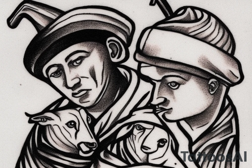 the design e shows a black and white drawing of a shepherd with a sheep. The shepherd is a man wearing a long robe and a hat. He is holding a staff in one hand and leading a sheep with the other. The sheep is a white animal with brown spots. It is following the shepherd closely. There is no background in the tattoo. tattoo idea