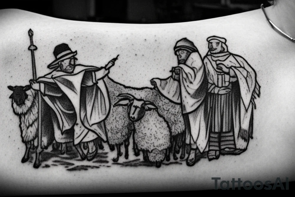 the design e shows a black and white drawing of a shepherd with a sheep. The shepherd is a man wearing a long robe and a hat. He is holding a staff in one hand and leading a sheep with the other. The sheep is a white animal with brown spots. It is following the shepherd closely. There is no background in the tattoo. tattoo idea