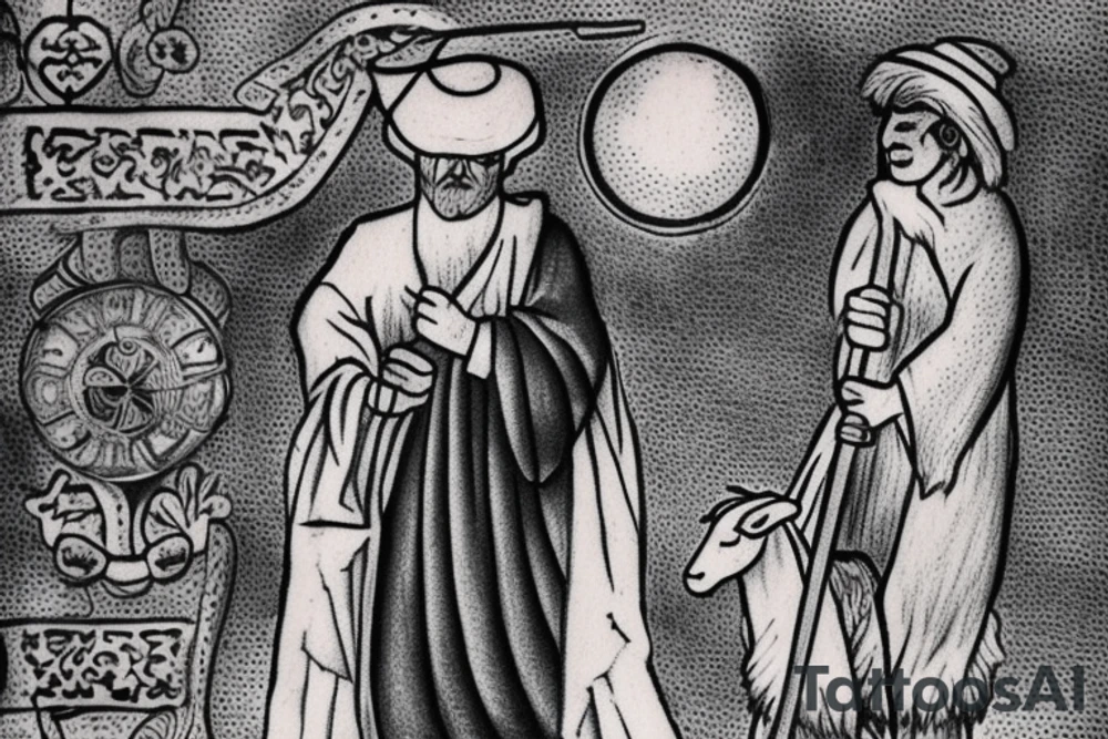 the design e shows a black and white drawing of a shepherd with a sheep. The shepherd is a man wearing a long robe and a hat. He is holding a staff in one hand and leading a sheep with the other. The sheep is a white animal with brown spots. It is following the shepherd closely. There is no background in the tattoo. tattoo idea