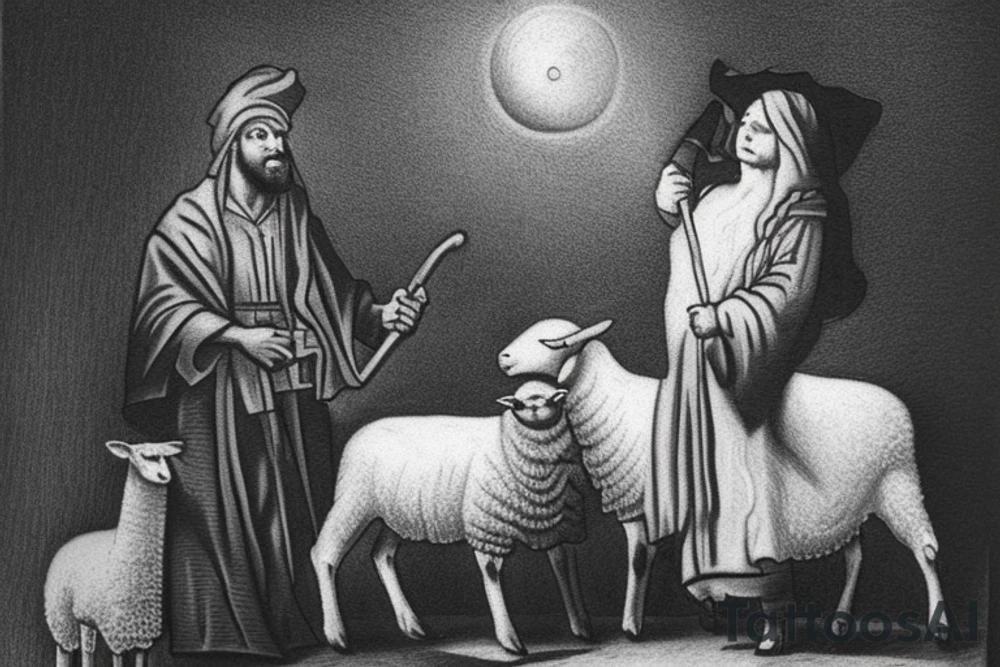 the design e shows a black and white drawing of a shepherd with a sheep. The shepherd is a man wearing a long robe and a hat. He is holding a staff in one hand and leading a sheep with the other. The sheep is a white animal with brown spots. It is following the shepherd closely. There is no background in the tattoo. tattoo idea