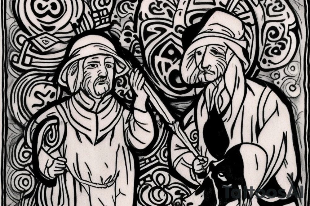 the design e shows a black and white drawing of a shepherd with a sheep. The shepherd is a man wearing a long robe and a hat. He is holding a staff in one hand and leading a sheep with the other. The sheep is a white animal with brown spots. It is following the shepherd closely. There is no background in the tattoo. tattoo idea