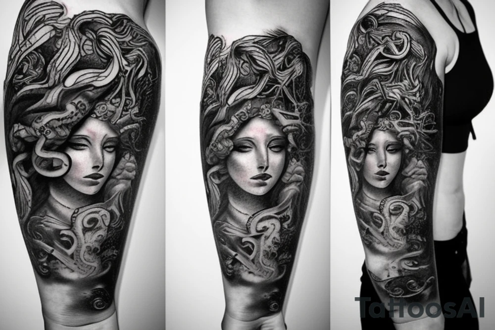 Unique realism of arm sleeve Medusa tattoo idea