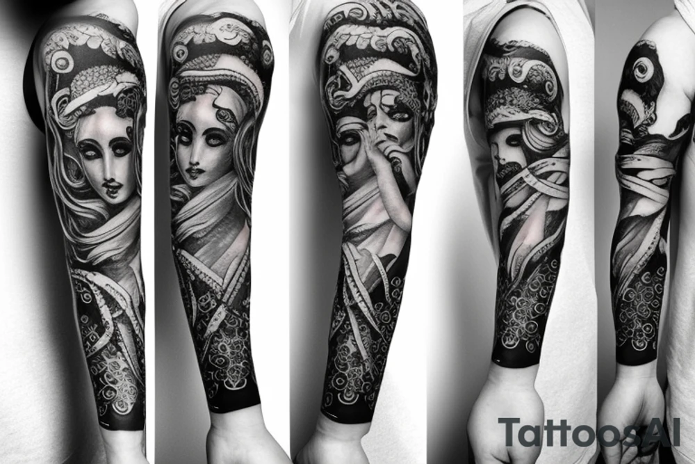 Unique realism of arm sleeve Medusa tattoo idea