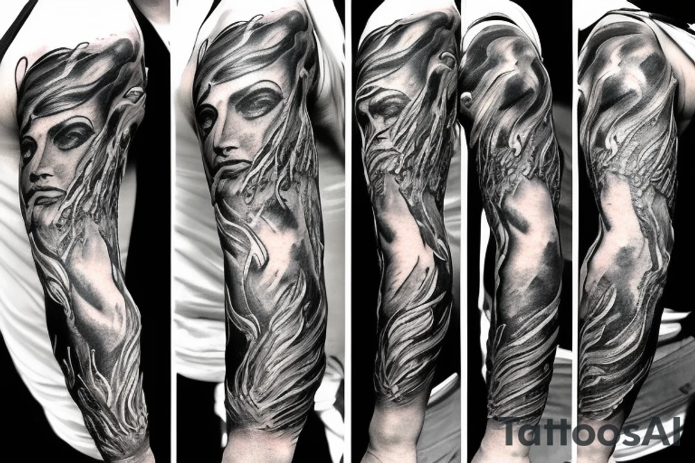Unique realism arm sleeve of Zeus fighting medusa tattoo idea