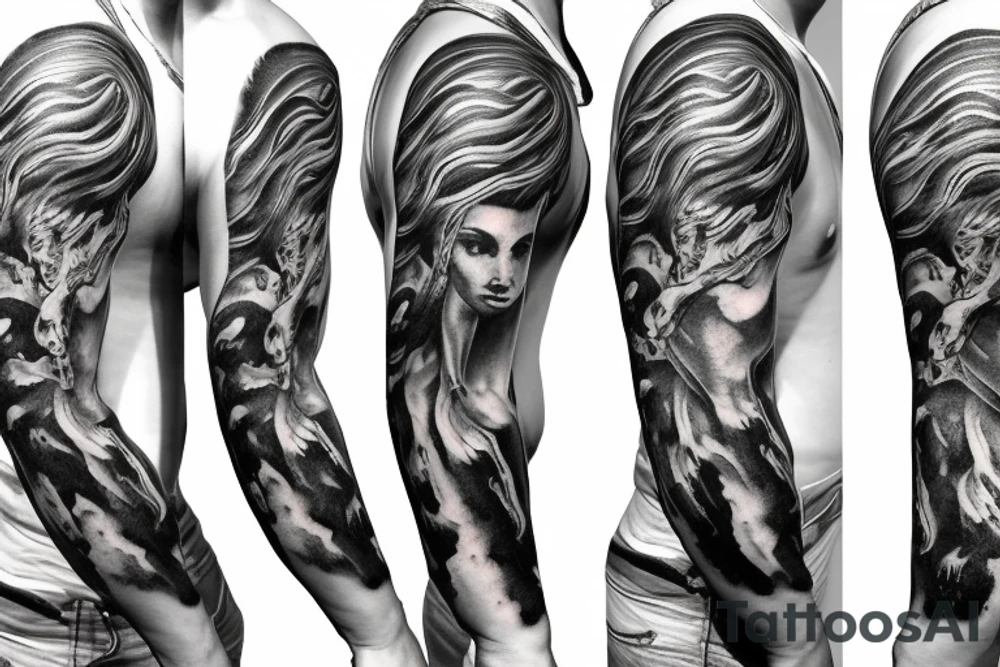 Unique realism arm sleeve of Zeus fighting medusa tattoo idea