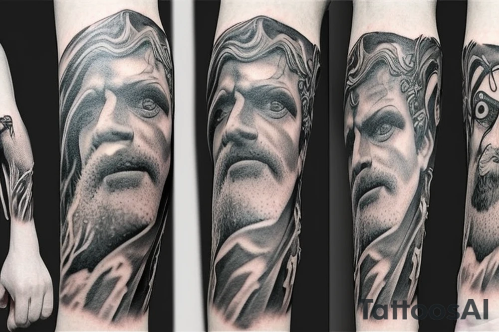 Unique realism arm sleeve of Zeus fighting hades tattoo idea