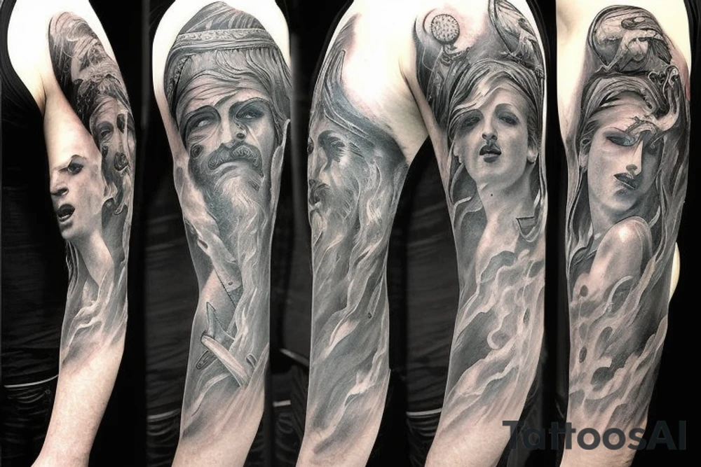 Unique realism arm sleeve of Zeus fighting hades tattoo idea
