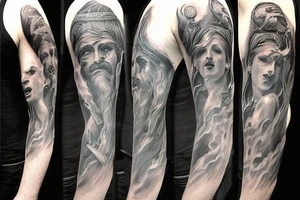 Unique realism arm sleeve of Zeus fighting hades tattoo idea