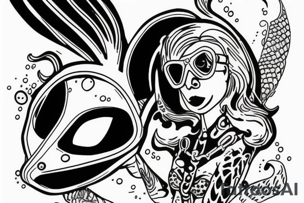 blue-eyed blonde sirene with a diving mask helping a scuba diver to rise to the surface tattoo idea