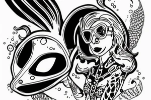 blue-eyed blonde sirene with a diving mask helping a scuba diver to rise to the surface tattoo idea