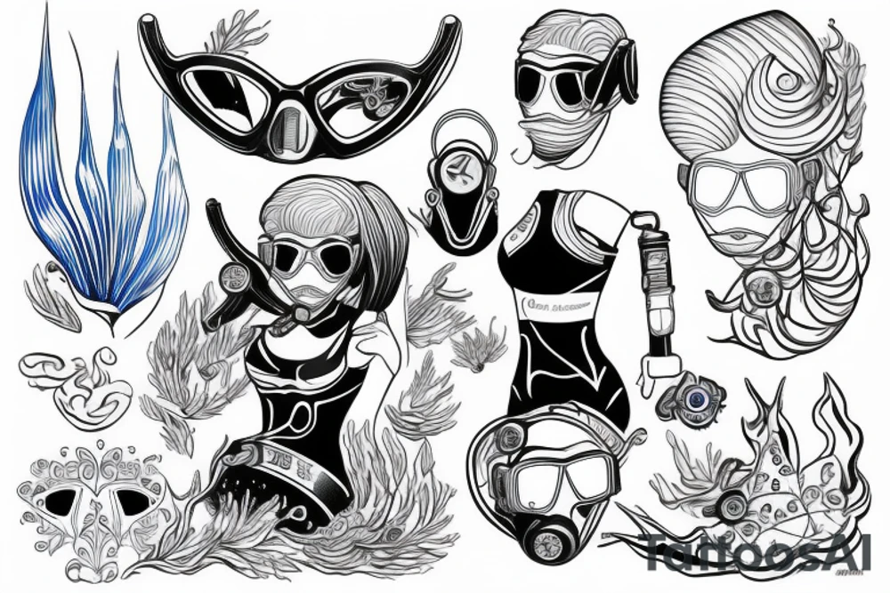 blue-eyed blonde sirene with a diving mask helping a scuba diver to rise to the surface tattoo idea