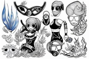 blue-eyed blonde sirene with a diving mask helping a scuba diver to rise to the surface tattoo idea