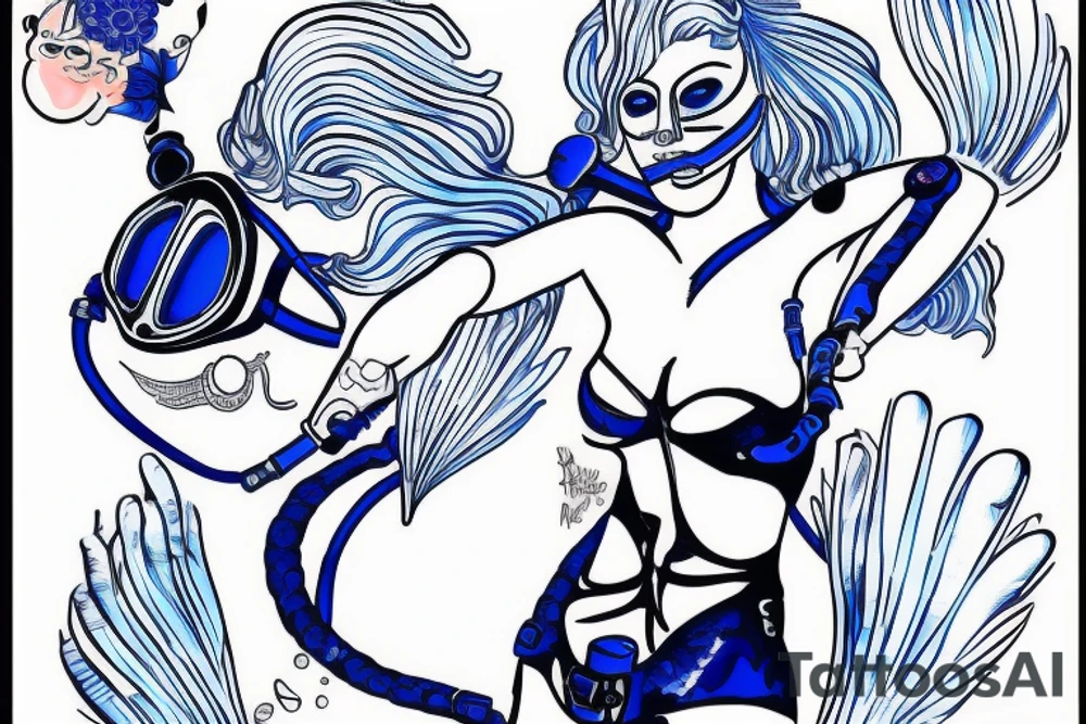 blue-eyed blonde sirene with a diving mask helping a scuba diver to rise to the surface tattoo idea