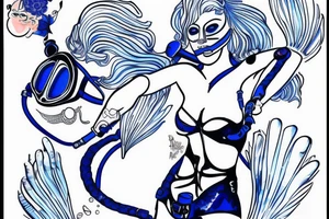 blue-eyed blonde sirene with a diving mask helping a scuba diver to rise to the surface tattoo idea
