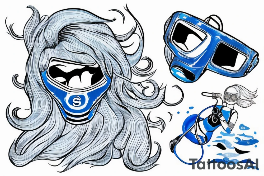 blue-eyed blonde sirene with a diving mask helping a scuba diver to rise to the surface tattoo idea