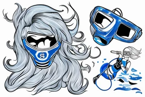 blue-eyed blonde sirene with a diving mask helping a scuba diver to rise to the surface tattoo idea