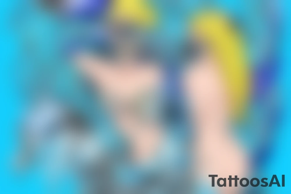 blue-eyed blonde sirene with a diving mask helping a scuba diver to rise to the surface tattoo idea