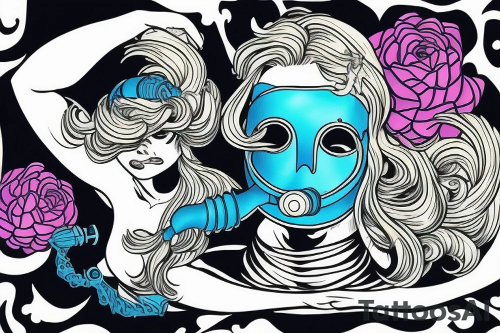 blue-eyed blonde sirene with a diving mask helping a scuba diver to rise to the surface tattoo idea