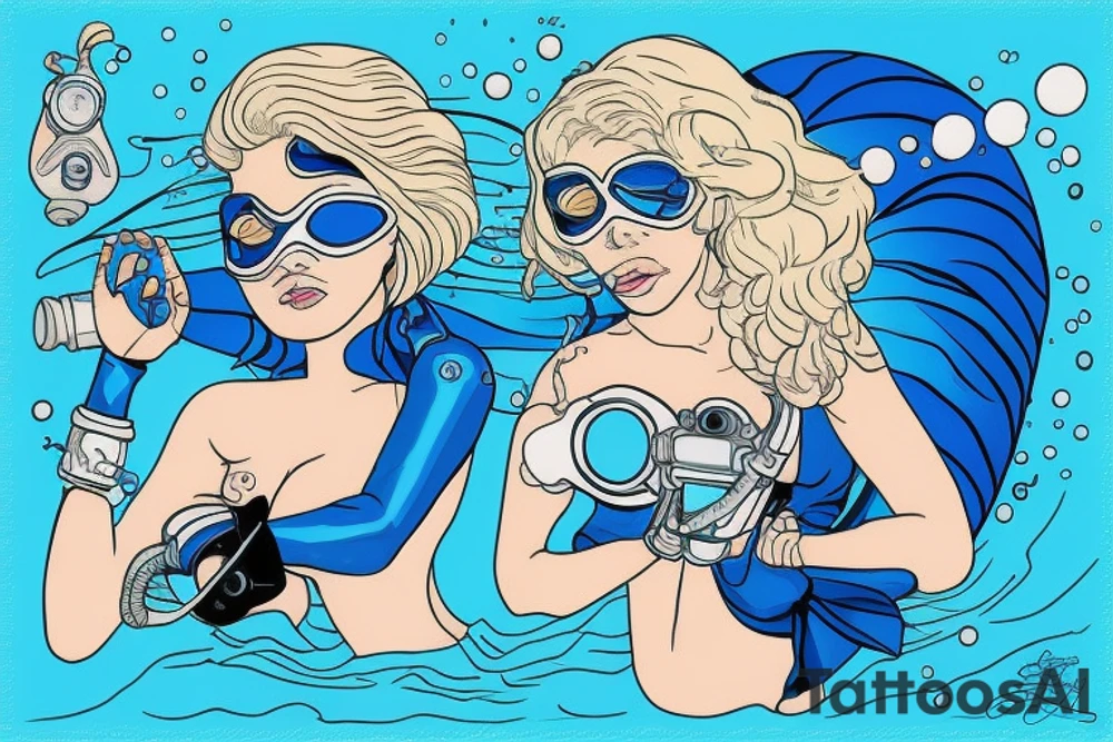 blue-eyed blonde sirene with a diving mask helping a scuba diver to rise to the surface tattoo idea