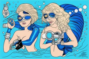 blue-eyed blonde sirene with a diving mask helping a scuba diver to rise to the surface tattoo idea