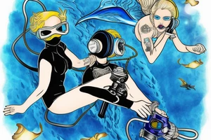 blue-eyed blonde sirene with a diving mask helping a scuba diver to rise to the surface tattoo idea