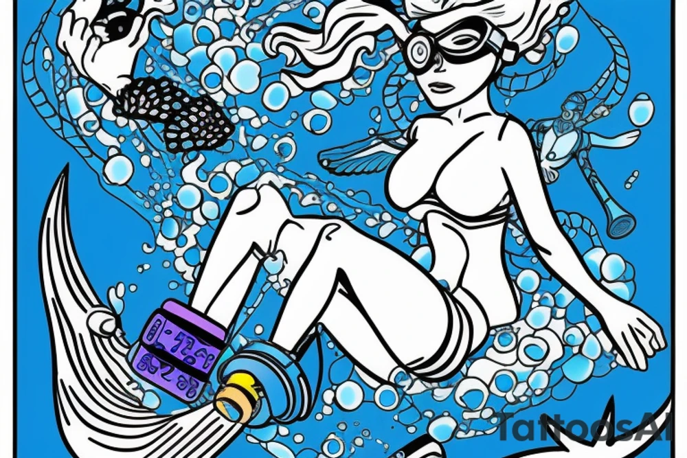 blue-eyed blonde sirene with a diving mask helping a scuba diver to rise to the surface tattoo idea