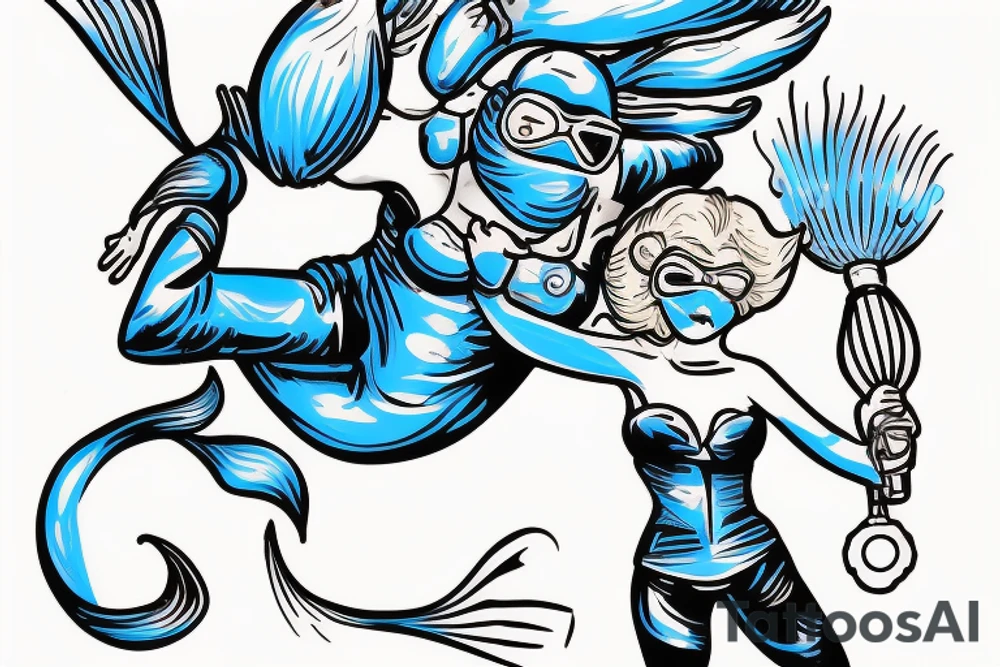 blue-eyed blonde sirene with a diving mask helping a scuba diver to rise to the surface tattoo idea