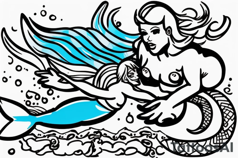 blue-eyed blonde mermaid helping a scuba diver to rise to the surface tattoo idea