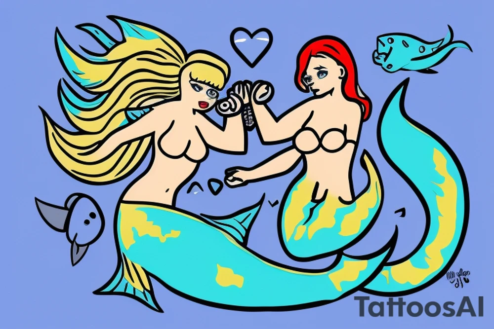 blue-eyed blonde mermaid helping a scuba diver to rise to the surface tattoo idea