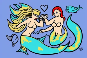 blue-eyed blonde mermaid helping a scuba diver to rise to the surface tattoo idea