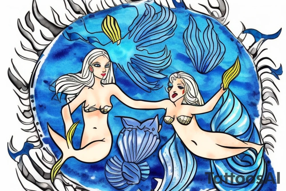 blue-eyed blonde mermaid helping a scuba diver to rise to the surface tattoo idea